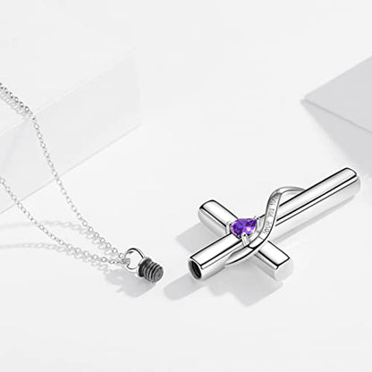 SOULMEET Crystal Cross Necklace for Ashes, Sterling Silver I Love You Forever Birthstone Cross Urn Necklaces for Ashes Keepsake Cremation Jewelry for Pet Human Ashes - style: B-White Gold-February
