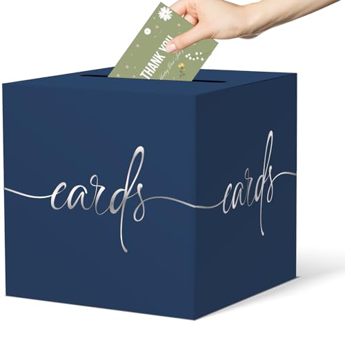 2 Pack Navy Blue Card Box with Silver Foil Design, Paperboard 8.7" Card Box for Birthday Wedding Party Graduation Retirement Anniversary Valentine's Day & Baby Showers, Raffle or Money Box - color: Navy Blue Card Box with Silver Foil, size: 8.7×8.7×8.7Inc