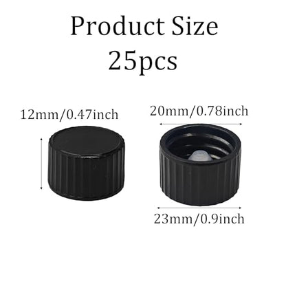 25Pcs 20mm Black Phenolic Screw Caps, Leak-Resistant Bottle Lids for Boston Round Bottles, Chemicals, Cosmetics, and Storage - size: 20mm