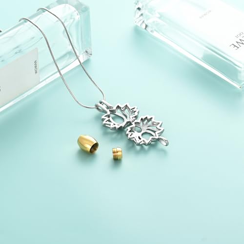 Cremation Jewelry Lotus Flower Urn Necklaces for Ashes Stainless Stell Memorial Ash Pendant Necklaces with Mini Urn Keepsake Ash Jewelry for Men Women Gifts with Funnel Filler Kit - color: Silver-Gold