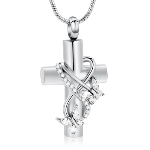 shajwo Cross Urn Necklace for Ashes Birthstone Rose Flower Cremation Jewelry for Women Gilrs Keepsake Memorial Ashes Pendant - color: Butterfly-Silver