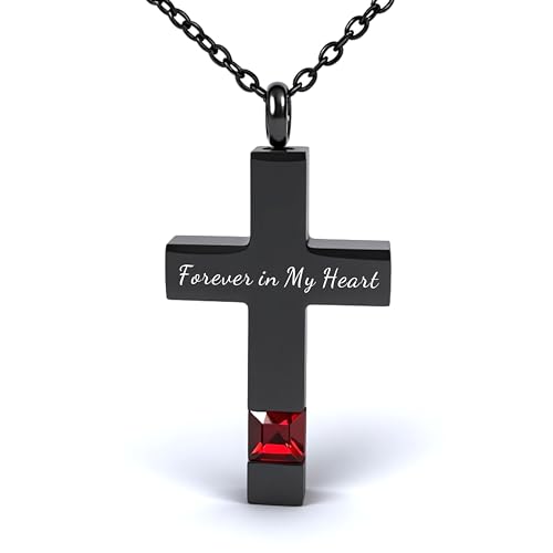 Cross Urn Necklace for Ashes Birthstone Cremation Jewelry Keepsake Pendant for Women Men with Funnel Filler Kit Memorial Gifts for Human Pet Forever in my heart - color: Black Red