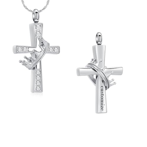 Crown Cross Cremation Necklace Ashes Jewelry Memorial Urn Pendant | stainless steel material, for women men, waterproof sealed ring & lobster clasp keep ashes secure, with a filling tool - color: Customize