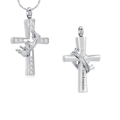 Crown Cross Cremation Necklace Ashes Jewelry Memorial Urn Pendant | stainless steel material, for women men, waterproof sealed ring & lobster clasp keep ashes secure, with a filling tool - color: Customize