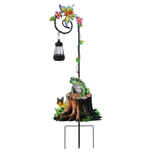 Solar Frog Lantern Garden Stake 31.5in Metal Night Light Outdoor Art - color: Frog