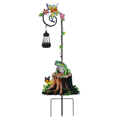 Solar Frog Lantern Garden Stake 31.5in Metal Night Light Outdoor Art - color: Frog