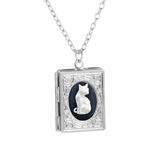 Unique Cat Locket Necklace for Women Men Book Shaped Photo Locket Hold Picture Pendant Necklace Engraved Flowers Souvenir Memorial Clavicle Memorial Jewelry for Animal Kitten Pet Lover - color: White