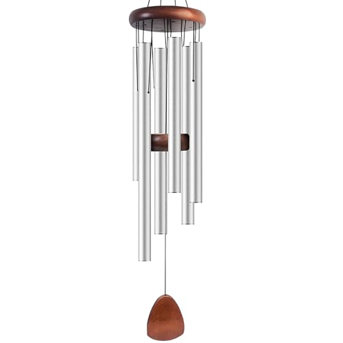37 Inch Silver Aluminum Wind Chimes, Outdoor Garden | Sleek Silver, Deep Resonant Tone, Rustproof Aluminum, Wood Top, All-Weather, Patio Porch Backyard - color: Silvery