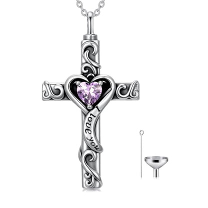 TOUPOP Cross Urn Necklaces for Ashes Birthstone Cremation Jewelry 925 Sterling Silver Cross Memorial Keepsake Jewelry for Women (with Funnel Filler) - color: 06-June-Alexandrite