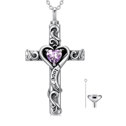 TOUPOP Cross Urn Necklaces for Ashes Birthstone Cremation Jewelry 925 Sterling Silver Cross Memorial Keepsake Jewelry for Women (with Funnel Filler) - color: 06-June-Alexandrite