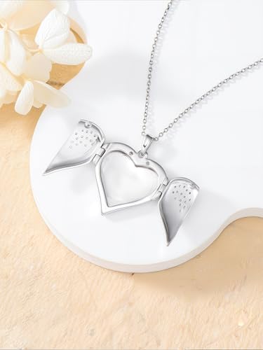 Dorunmo Personalized Heart Locket Necklace That Holds 2 Picture 925 Sterling Silver Custom Lockets Pendant Memorial Jewelry Gifts for Mom Sisters - color: Angel Wings, style: Personalized-Photo