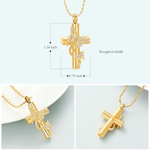 Imrsanl Butterfly Cross Urn Necklace for Ashes Men Women Cremation Jewelry Ashes Pendant for Human Memorial Ash Jewelry - color: Z-Gold