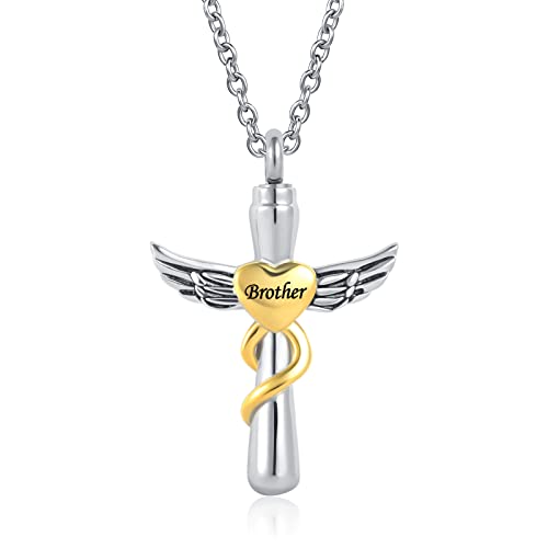 Cross Heart Angel Wing Urn Necklace for Ashes Men Women Cremation Keepsake Pendant Ashes Holder Memorial for Dad Mom Sister Brother Nana - style: Brother