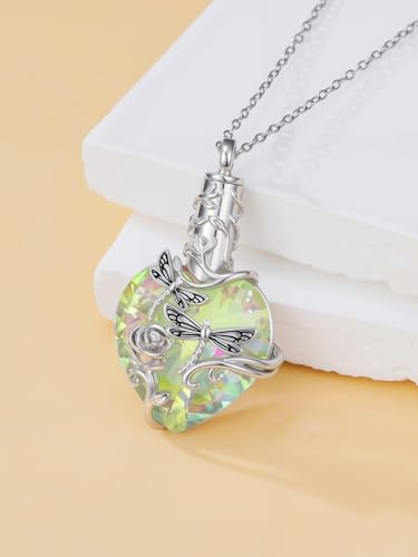 JKR Heart Urn Necklace for Ashes Crystal Keepsake Pendant Memorial Jewelry - style: Dragonfly-White Crystal