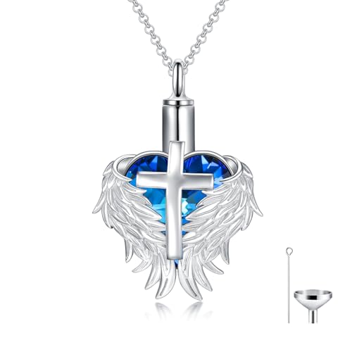 Rose & Daisy Urn Necklace - Sterling Silver Cremation Keepsake Memorial Jewelry - style: Wings Urn Necklace-Blue Crystal