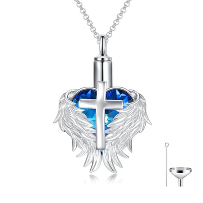 Rose & Daisy Urn Necklace - Sterling Silver Cremation Keepsake Memorial Jewelry - style: Wings Urn Necklace-Blue Crystal