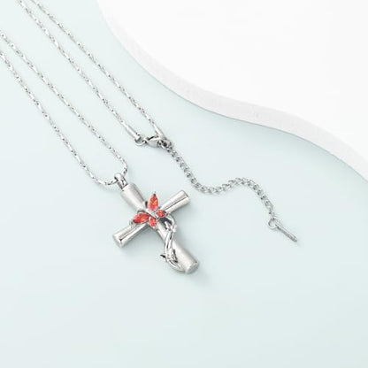 Imrsanl Cross with Butterfly Urn Necklaces for Ashes for Women - color: Silver Red