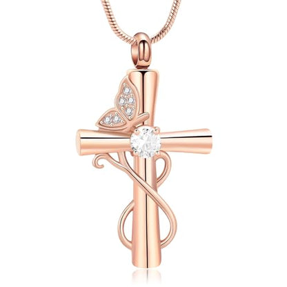 Butterfly Cross Cremation Jewelry Urn Necklaces Cross Butterfly Urn Necklaces for Ashes Memorial Keepsake Pendant for Women Men Gifts With Funnel Kit & Bag - color: Rose+White