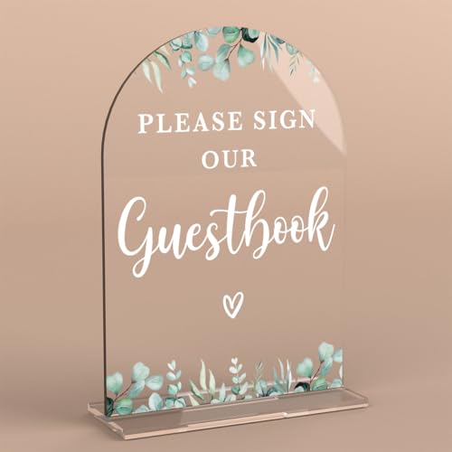 Acrylic Wedding Sign Please Sign Our Guestbook Signs for Ceremony Modern Calligraphy Arch Acrylic Table Top Signs for Wedding Reception and Event Party Table Decor (Eucalyptus Leaves) - color: Please Sign Our Guestbook