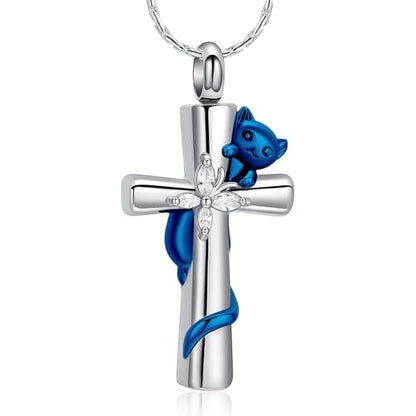 constantlife Cross Urn Necklace for Ashes Cat Butterfly Cremation Jewelry for Women Men Memorial Pendant Chain Human Pet Ashes Holder - color: Blue