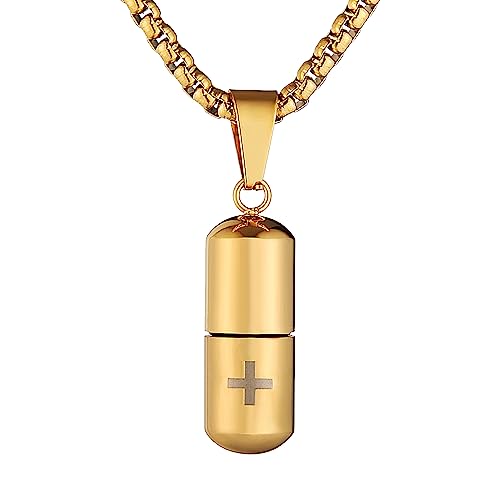 STWTR Stainless Steel Cylindrical Souvenir Capsule Pill Pendant Necklace, Cremated Ashes Pill Container Necklace - color: Gold-B