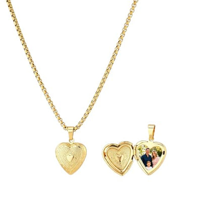 Stainless Steel Photo Locket Necklace for Women, 3mm Box Chain, Personalized Picture Holder Pendant, Waterproof Hypoallergenic Sentimental Jewelry Gift - color: Lace Edge Heart Gold