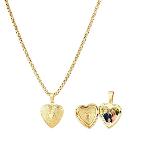 Stainless Steel Photo Locket Necklace for Women, 3mm Box Chain, Personalized Picture Holder Pendant, Waterproof Hypoallergenic Sentimental Jewelry Gift - color: Lace Edge Heart Gold