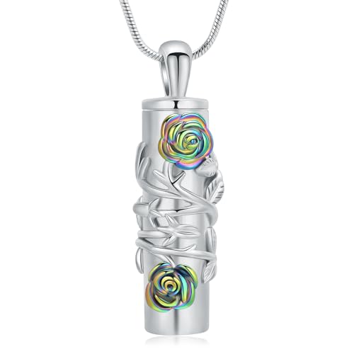 Cylinder Urn Necklace for Ashes Roseflower Cremation Jewelry Urn Ashes Necklace for Women Men Memorial Keepsake Necklace of Loved One - color: Silver-Rainbow