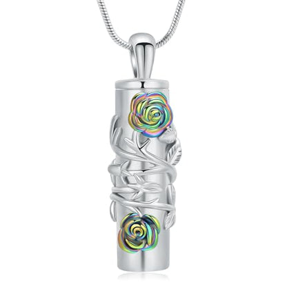Cylinder Urn Necklace for Ashes Roseflower Cremation Jewelry Urn Ashes Necklace for Women Men Memorial Keepsake Necklace of Loved One - color: Silver-Rainbow
