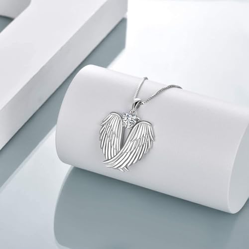 YFN Angel Wings Necklace 925 Sterling Silver Guardian Angel Wings Pendant Necklace Birthstone Necklace for Women Girls Christmas Jewelry Gifts - color: April-white