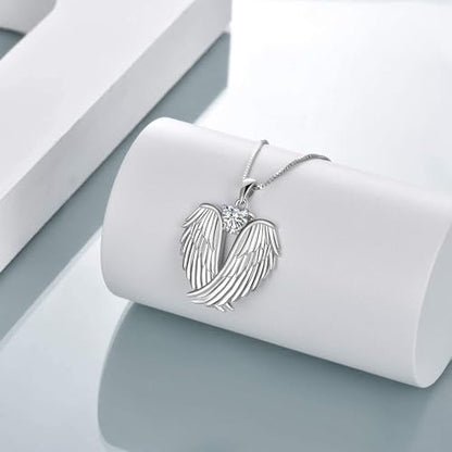 YFN Angel Wings Necklace 925 Sterling Silver Guardian Angel Wings Pendant Necklace Birthstone Necklace for Women Girls Christmas Jewelry Gifts - color: April-white