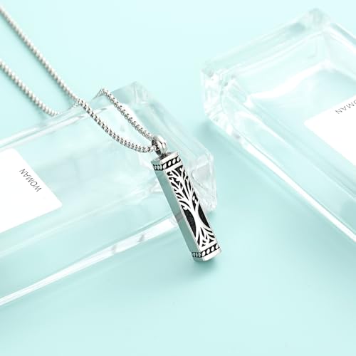 Tree of Life Urn Necklace, Stainless Steel Memorial Ashes Pendant | Tree of Life Cremation Jewelry Stainless Steel Locket Vertical Bar Keepsake Necklace Jewelry for Women Men Human Ashes - color: Silver