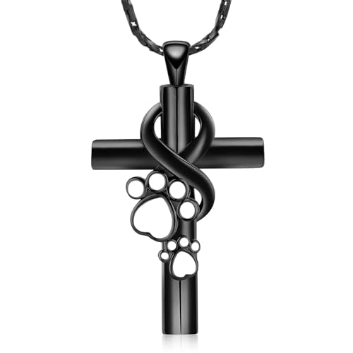 Cross Urn Necklace for Ashes Pet Paw Cremation Jewelry Ashes Necklace for Dog/Cat Paw Print Memorial Locket for Women Men - color: Black