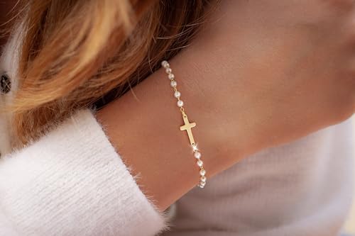 Moodear Cross Bracelet for Women, Dainty Sterling Silver/Gold Plated Gift | Christian Religious Gifts for Teen, Stocking Stuffers, Adjustable Link Bracelets, Sparkling CZ Cross, Non Tarnish Jewelry - color: Pearl Gold Cross Bracelet
