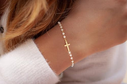 Moodear Cross Bracelet for Women, Dainty Sterling Silver/Gold Plated Gift | Christian Religious Gifts for Teen, Stocking Stuffers, Adjustable Link Bracelets, Sparkling CZ Cross, Non Tarnish Jewelry - color: Pearl Gold Cross Bracelet