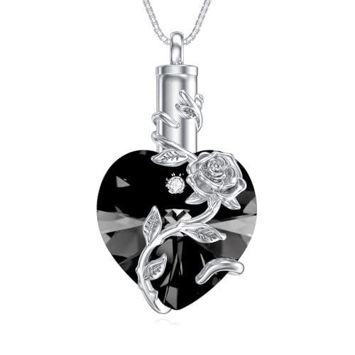 OCJ Heart Rose Flower Urn Necklace for Ashes Women Birthstone Cremation Necklaces Sterling Silver Memorial Cremation Jewelry Gifts - color: 13-Black Crystal