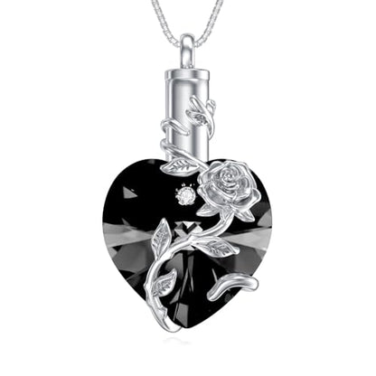 OCJ Heart Rose Flower Urn Necklace for Ashes Women Birthstone Cremation Necklaces Sterling Silver Memorial Cremation Jewelry Gifts - color: 13-Black Crystal