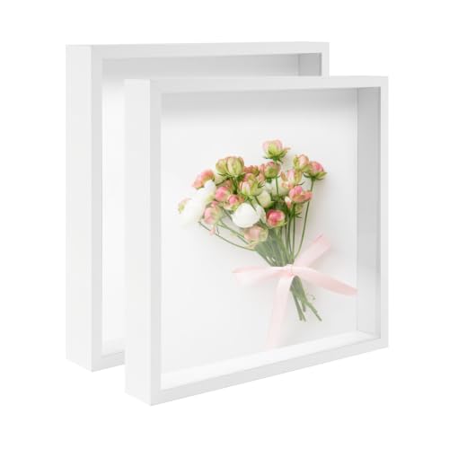 2 Pack 12x12 Shadow Box Frame Deep Shadow Boxes Display Cases with Stand | Wood Shadowbox Display on Tabletop or Wall for Dried Flowers, Photos, Handicrafts, Keepsake,Picture - color: White, size: 12"x 12"