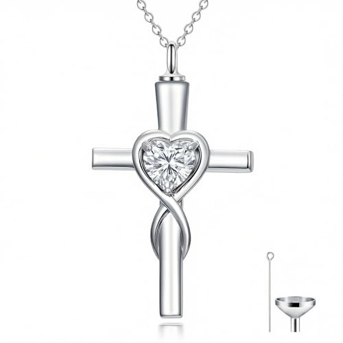 YYB Urn Necklace for Ashes Women Heart Birthstone Cross Cremation Jewelry | Memorial Keepsake Funeral Jewelry for Loved Ones (with Funnel Filler) - color: 04-Apr-CZ.