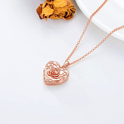 SOULMEET Sunflower/Rose/Daisy Heart Locket Necklace That Holds Pictures Keep Someone Near to You Sterling Silver/Gold Personalized Photo Locket Gift - style: A3-Rose gold rose locket+photo+text