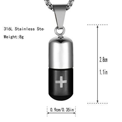 STWTR Stainless Steel Cylindrical Souvenir Capsule Pill Pendant Necklace, Cremated Ashes Pill Container Necklace - color: Black-B
