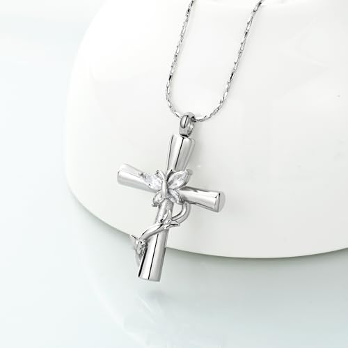 Imrsanl Cross with Butterfly Urn Necklaces for Ashes for Women - color: Silver White