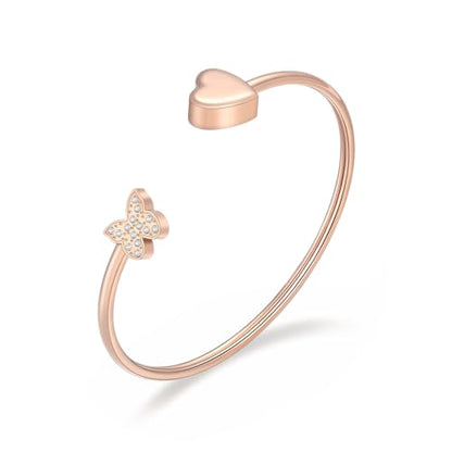 Heart Cremation Bracelets for Ashes Crystal Butterfly Urn Bracelets Stainless Steel Openable Cuff Bangle Memorial Keepsakes Jewelry for Men Women - color: Rosegold