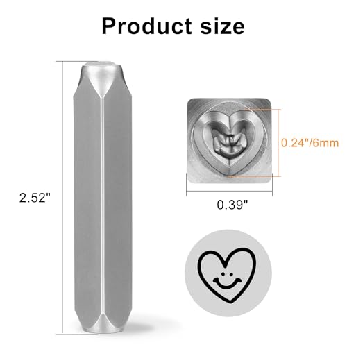 Yoption 6mm 1/4'' Heart with Smiley Face Metal Stamp, Metal Punch Stamping Tool DIY Arts and Crafts Supplies for Stamping/Punching Jewelry, Clay, Leather, Wood - size: Heart with Smiley Face (6mm)