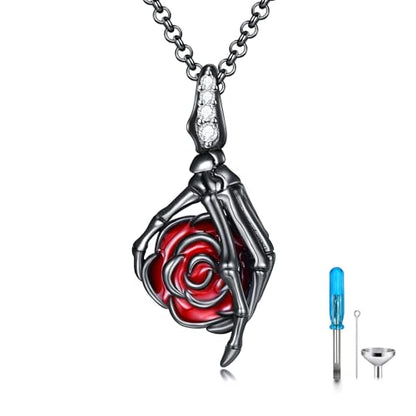PELOVNY Urn Necklaces for Ashes of Loved Ones 925 Sterling Silver Personalized Heart Locket Urn Necklace Cremation Keepsake Memorial Jewelry Gifts for Women Men - color: Skull Rose Urn