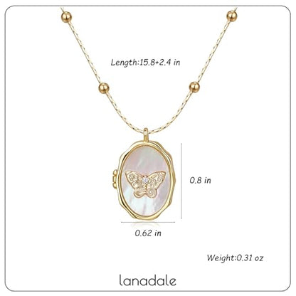 Gold Locket Necklace for Women, Vinatge Heart Oval Butterfly Angel Engraved Pendant that Holds Picture Photo Locket Memorial Necklace Personalized Jewelry Birthday Gifts - color: Oval Butterfly