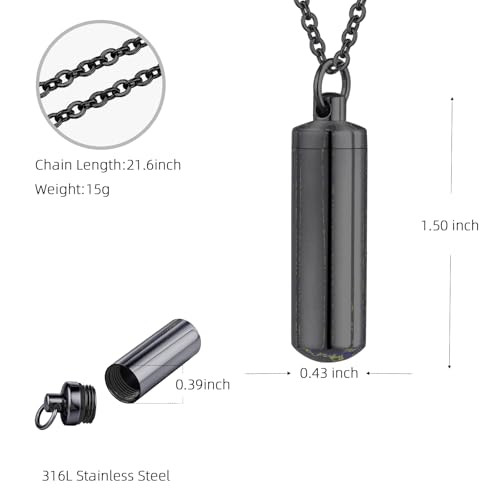 Cremation Jewelry for Ashes Pendant Urn Necklace Cylinder Keepsake Ashes Memorial Jewelry Necklace with Fill Tool Urn Memorial Ash Jewelry - color: Black