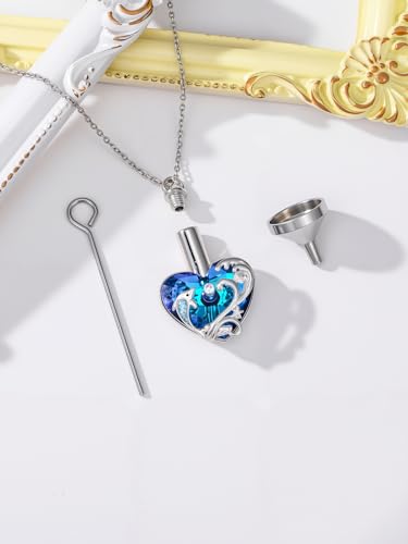 TOUPOP Sterling Silver Urn Necklace for Ashes with Crystal Memorial Keepsake Dragonfly/Butterfly/Cardinal/Cat/Dolphin Cremeation Jewelry Birthday Mothers Day Christmas Gifts for Her Women - style: Turquoise Dolphin