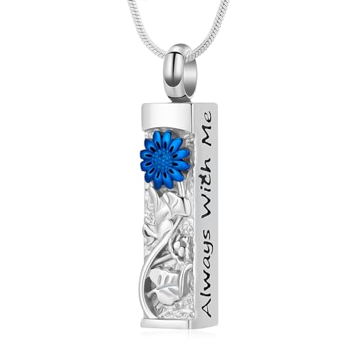 Flower Celtic Cremation Jewelry for Women Men Cylinder Bar Sunflower Urn Necklace for Ashes Pendant Necklace Vial Memorial Keepsake Jewelry for Ashes Necklace of Loved Ones - color: Silver&Blue