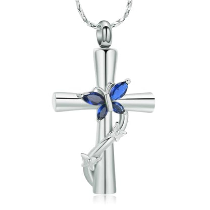 Imrsanl Cross with Butterfly Urn Necklaces for Ashes for Women - color: Silver Blue